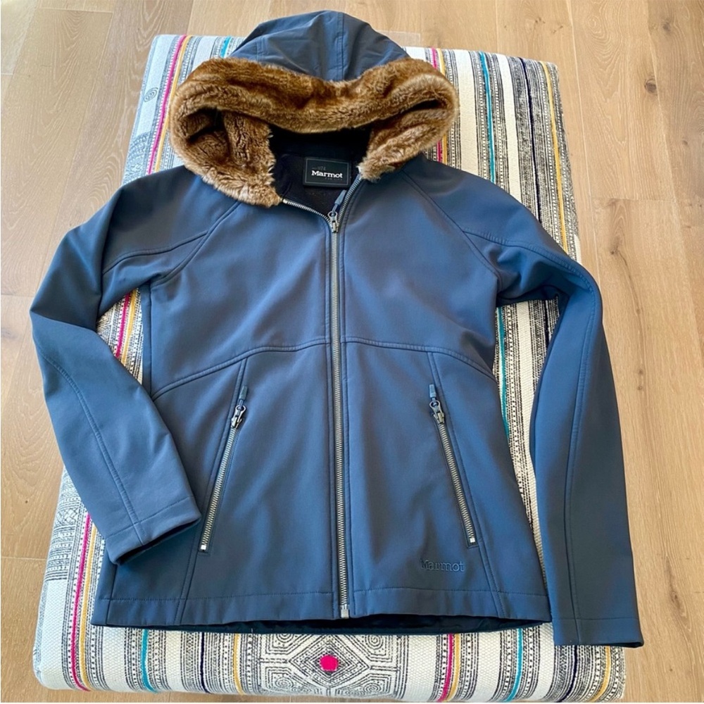 Marmot Blue Jacket with Faux Fur Hood Size Small